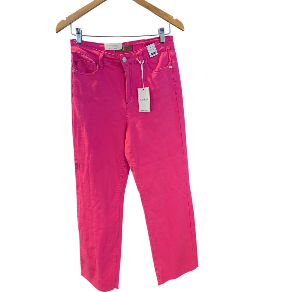 bright hot pink Judy Blue high rise straight-leg jeans with a raw hem